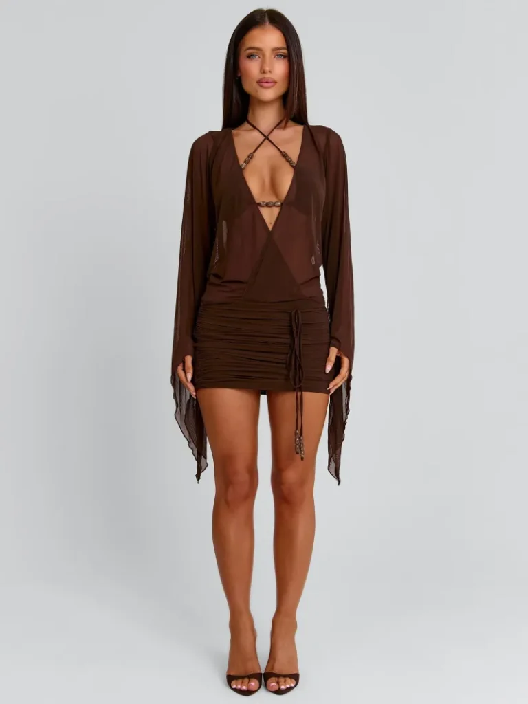 CHOCOLATE RUCHED FLOUNCE MINI DRESS