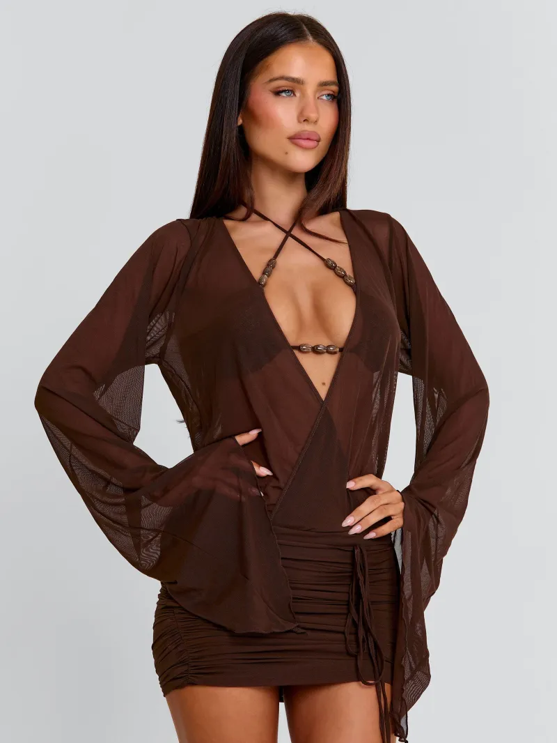 CHOCOLATE RUCHED FLOUNCE MINI DRESS - Image 2