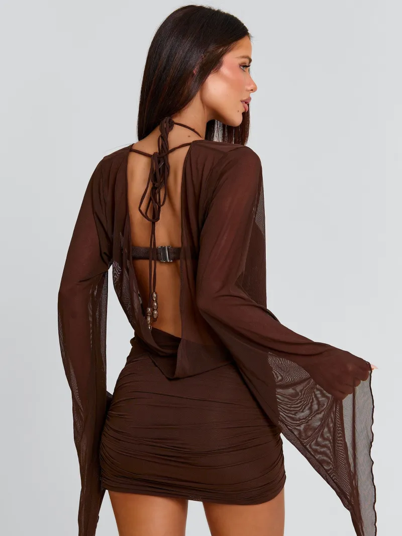 CHOCOLATE RUCHED FLOUNCE MINI DRESS - Image 3