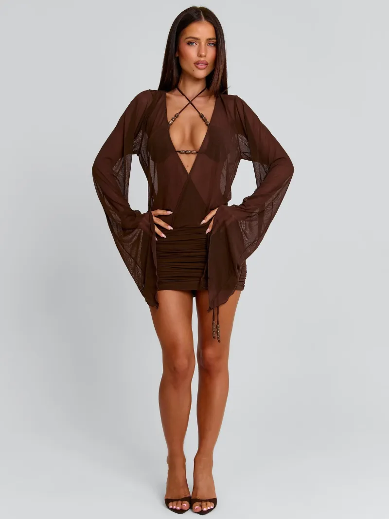 CHOCOLATE RUCHED FLOUNCE MINI DRESS - Image 4