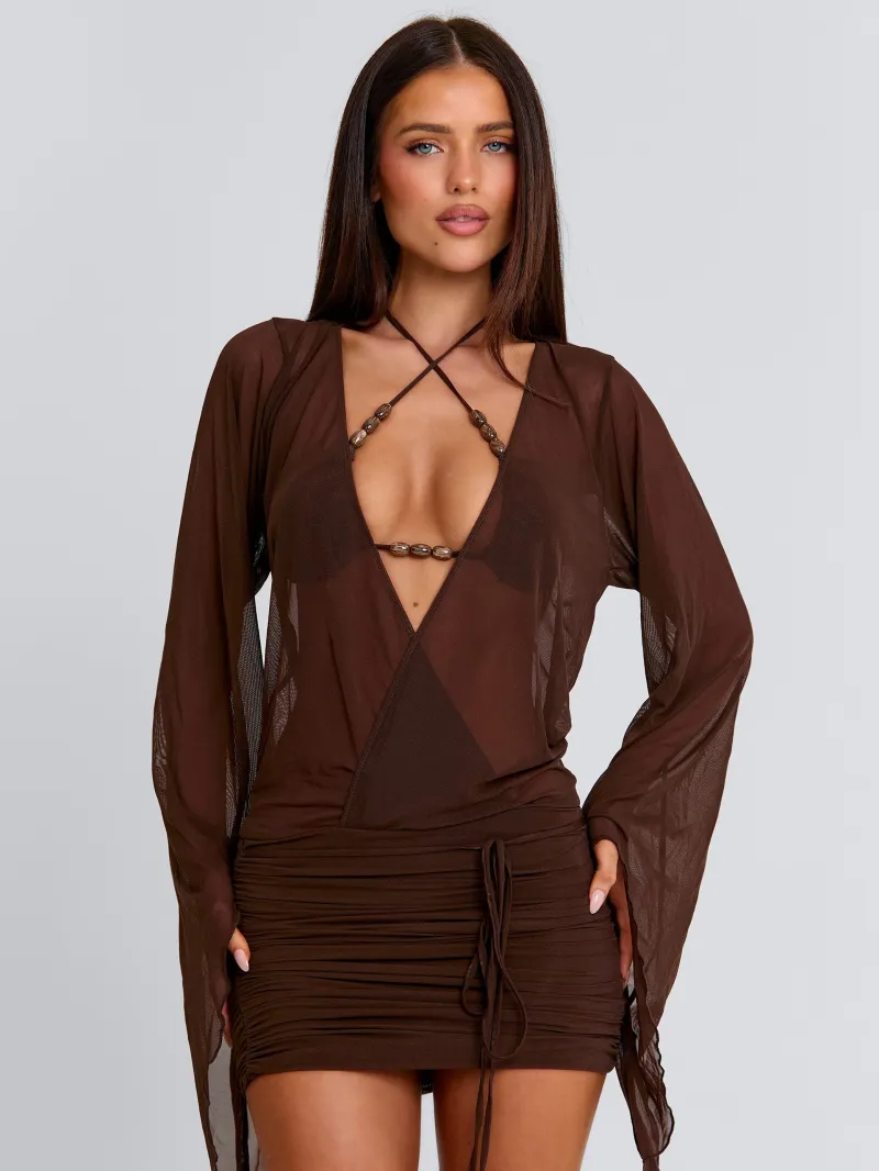CHOCOLATE RUCHED FLOUNCE MINI DRESS - Image 5