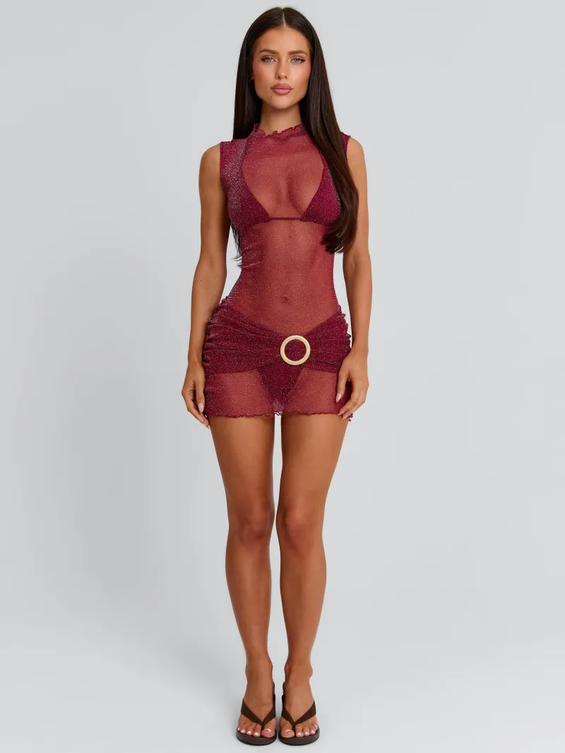 BURGUNDY RUCHED HARDWARE MINI DRESS - Image 2