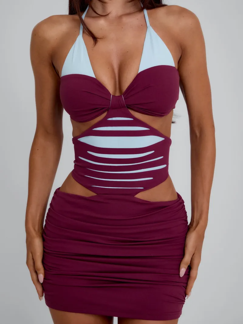WINE CUTOUT TIE DETAIL MINI DRESS - Image 5