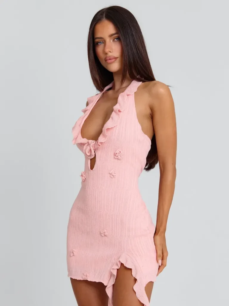 BABY PINK HALTER FRILL MINI DRESS