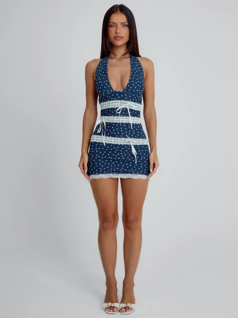 NAVY POLKA DOT HALTER PLUNGE MINI DRESS