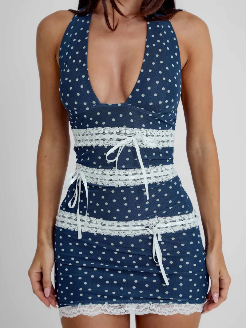 NAVY POLKA DOT HALTER PLUNGE MINI DRESS - Image 3