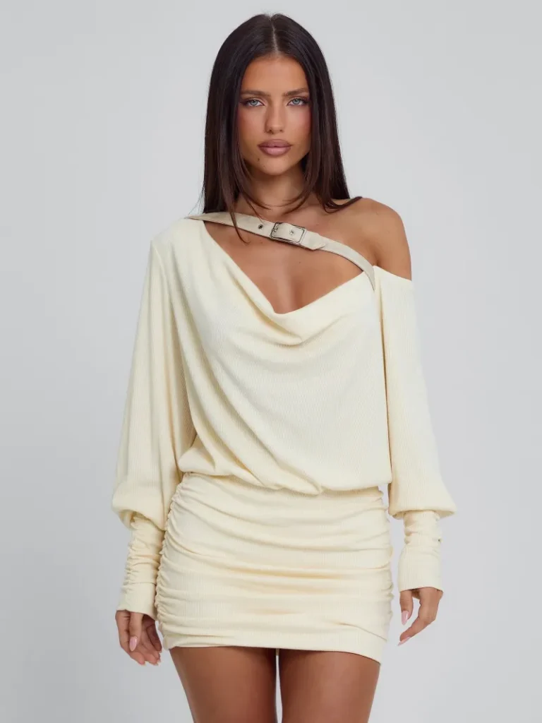 CREAM DRAPED BUCKLE MINI DRESS