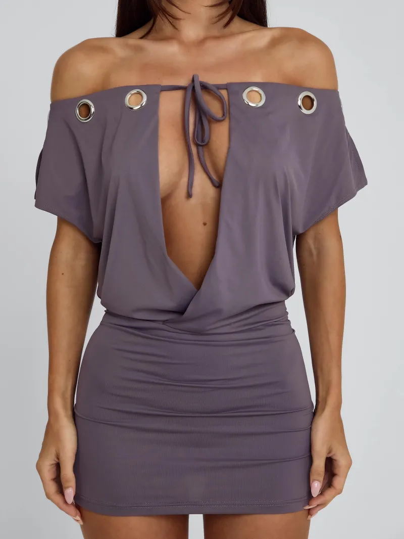 MAUVE TIE DETAIL JERSEY MINI DRESS - Image 5