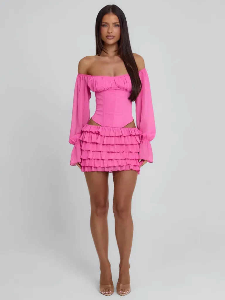 HOT PINK CUTOUT RUCHED MINI DRESS
