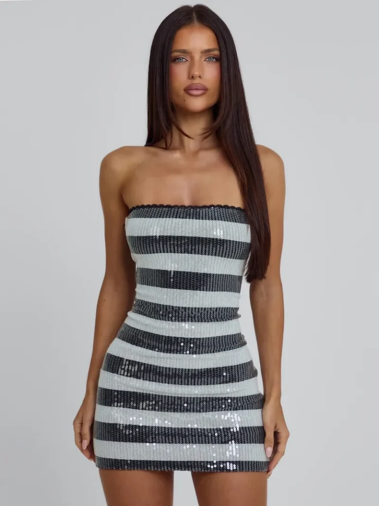 BLACK STRIPE STRAPLESS SEQUIN MINI DRESS