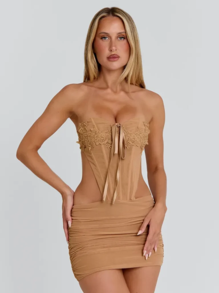 TAN GATHERED CLASP MINI DRESS