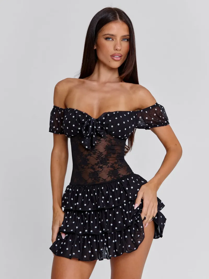 BLACK RUFFLE TIE DETAIL MINI DRESS