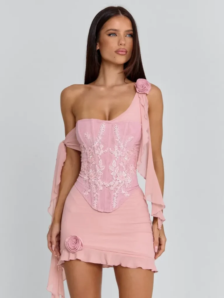 PINK ASYMMETRIC RUFFLE MINI DRESS