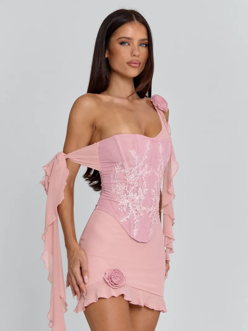 PINK ASYMMETRIC RUFFLE MINI DRESS - Image 3