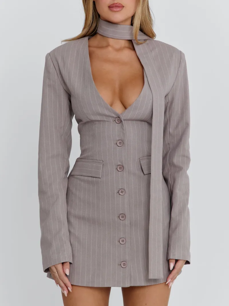 BLAZER GREY PINSTRIPE TIE DETAIL LINED MINI DRESS - Image 3