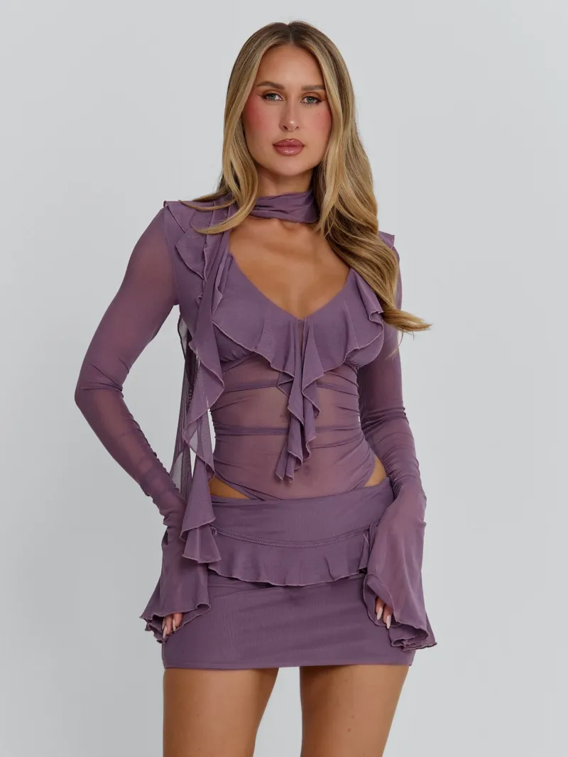 DUSTY PURPLE PLUNGE LONG SLEEVE MINI DRESS - Image 2