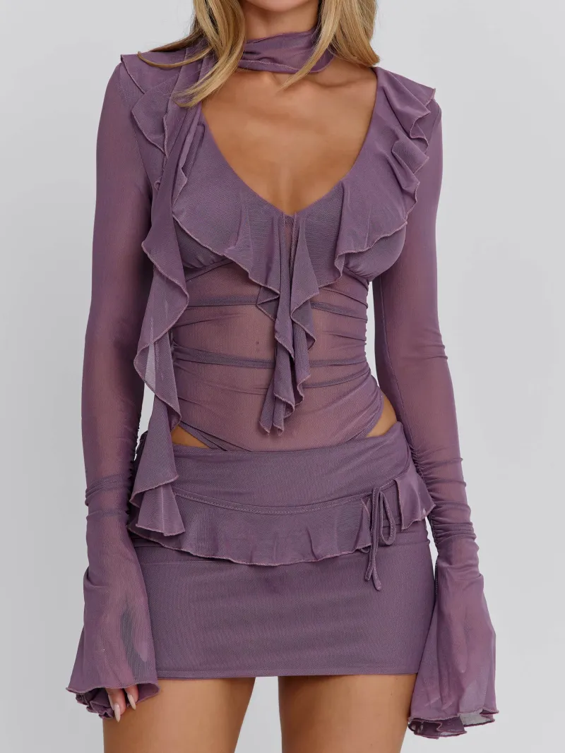 DUSTY PURPLE PLUNGE LONG SLEEVE MINI DRESS - Image 4