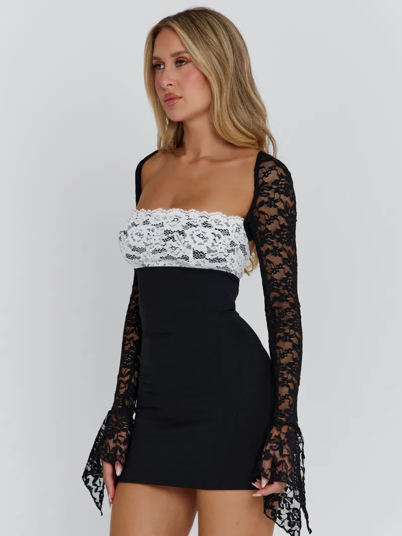 BLACK WHITE OPEN BACK TIE DETAIL MINI DRESS - Image 3