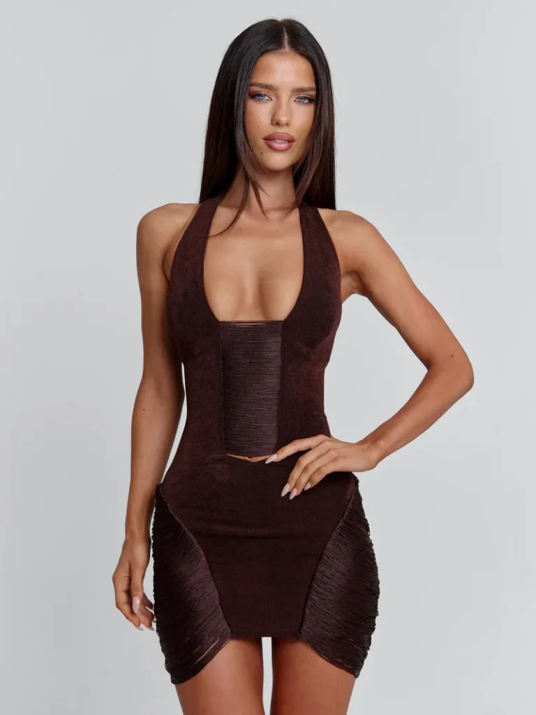CHOCOLATE OPEN BACK HALTER MINI DRESS