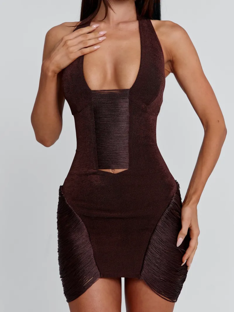CHOCOLATE OPEN BACK HALTER MINI DRESS - Image 4