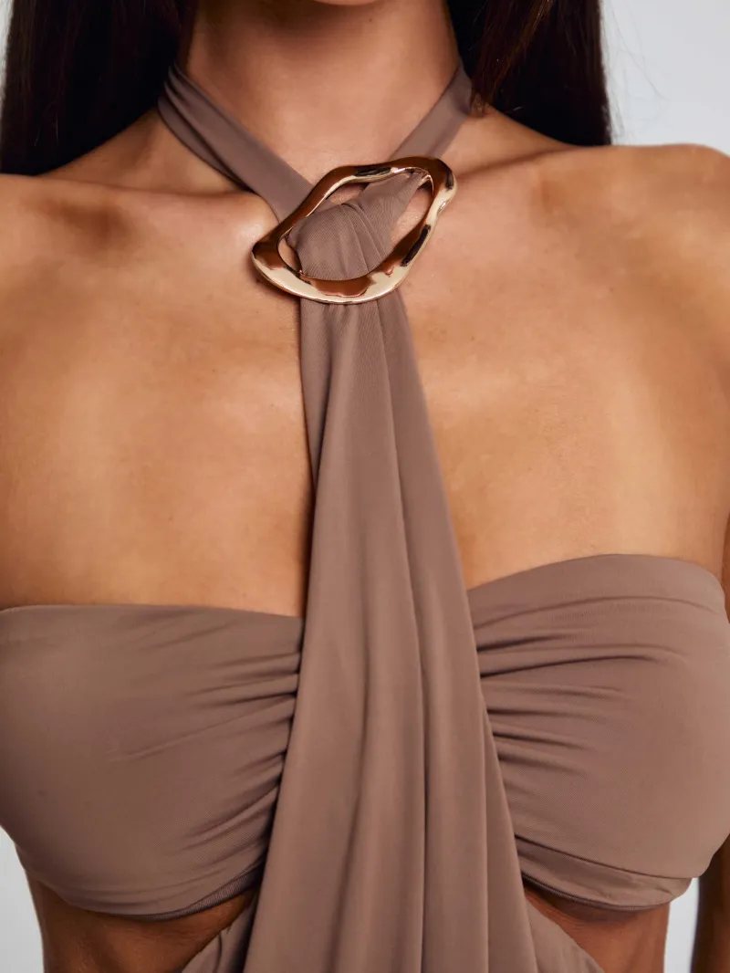 TAN RUCHED HARDWARE MINI DRESS - Image 4
