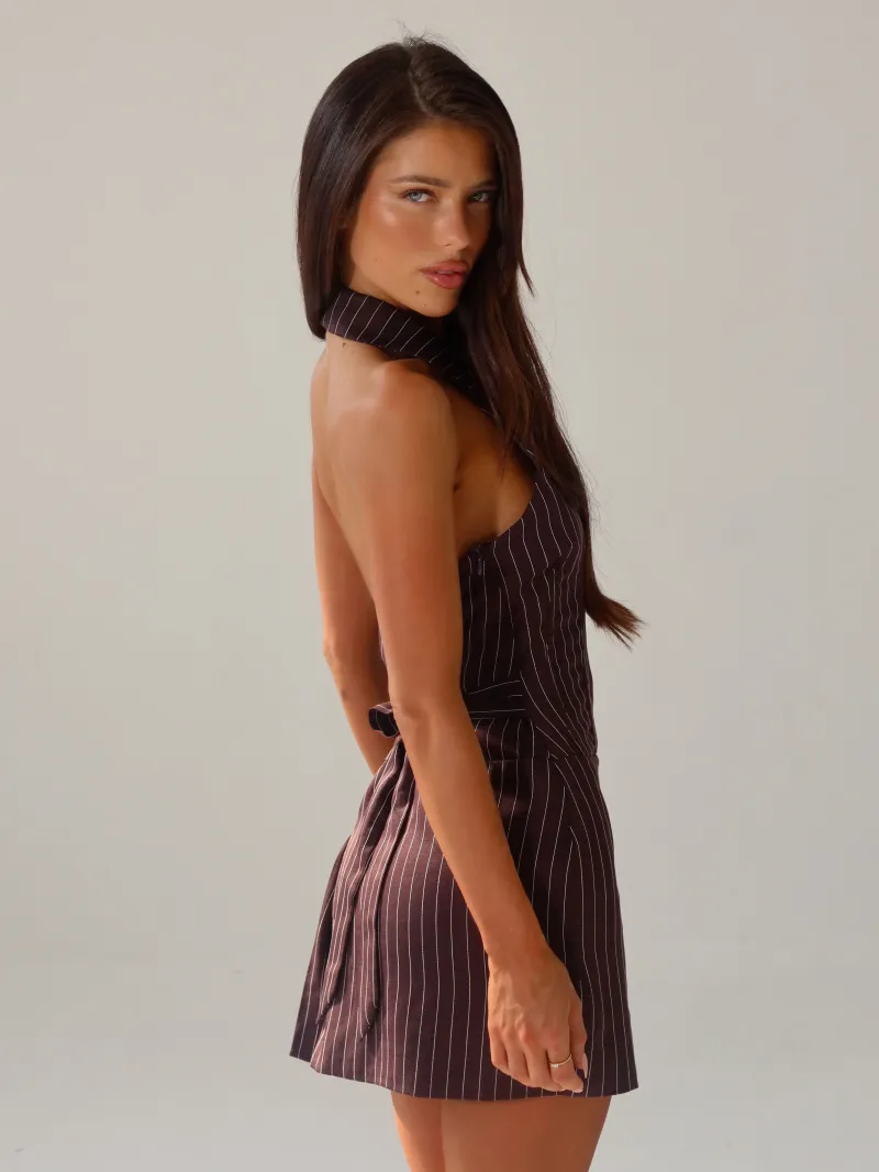 BROWN HALTER PLUNGE LINED MINI DRESS - Image 5