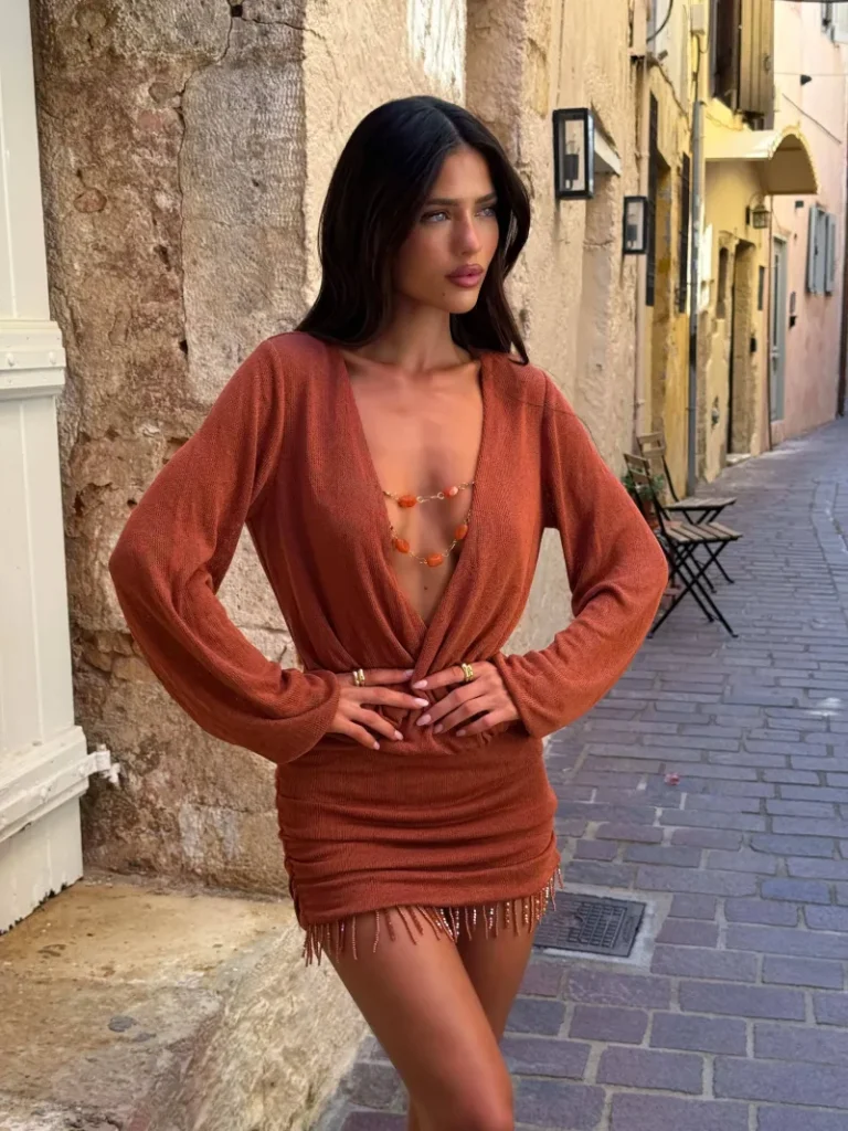 BURNT ORANGE DRAPED FRINGE MINI DRESS