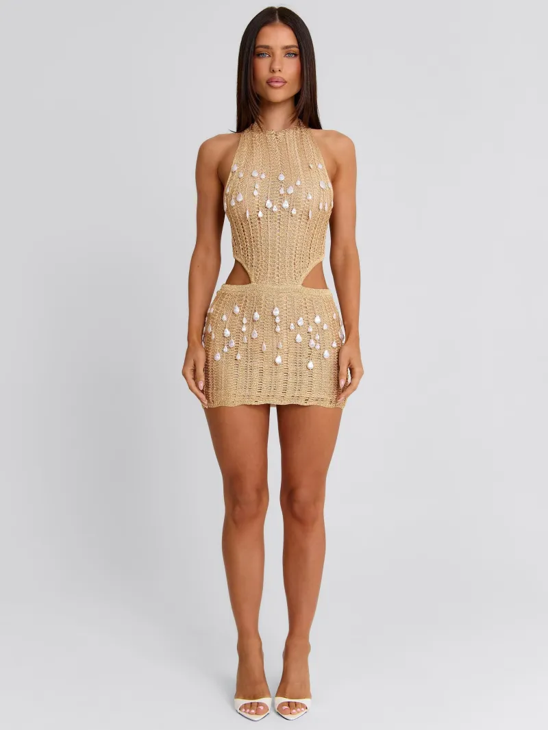 GOLD OPEN BACK CUTOUT HALTER MINI DRESS - Image 2