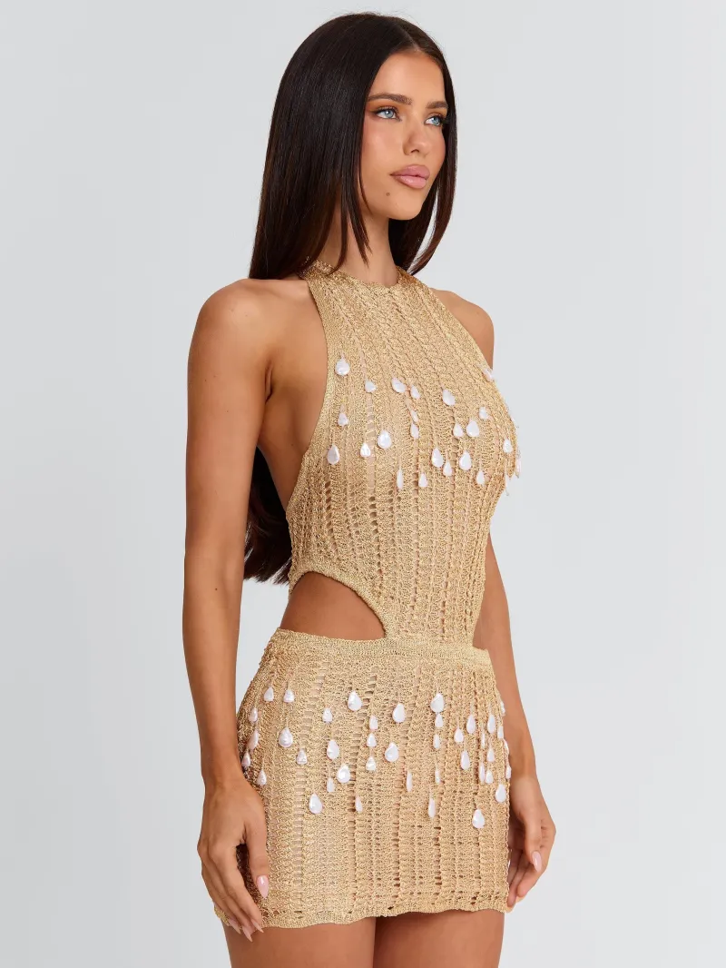 GOLD OPEN BACK CUTOUT HALTER MINI DRESS - Image 3