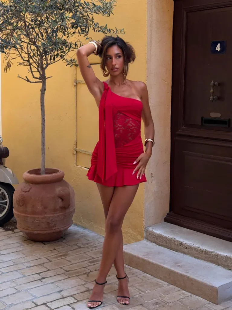 RED DRAPED RUCHED MINI DRESS