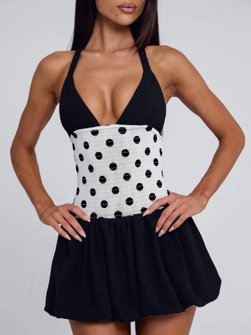 BLACK AND WHITE HALTER TIE DETAIL MINI DRESS - Image 3