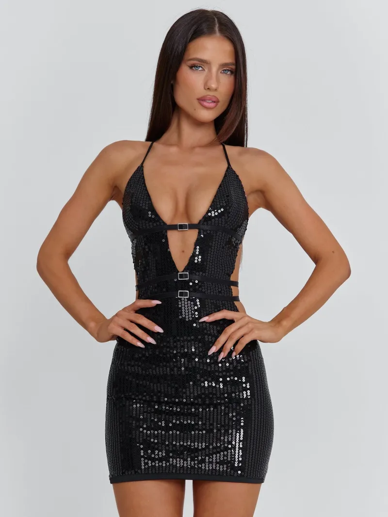 BLACK CUTOUT SEQUIN MINI DRESS - Image 4