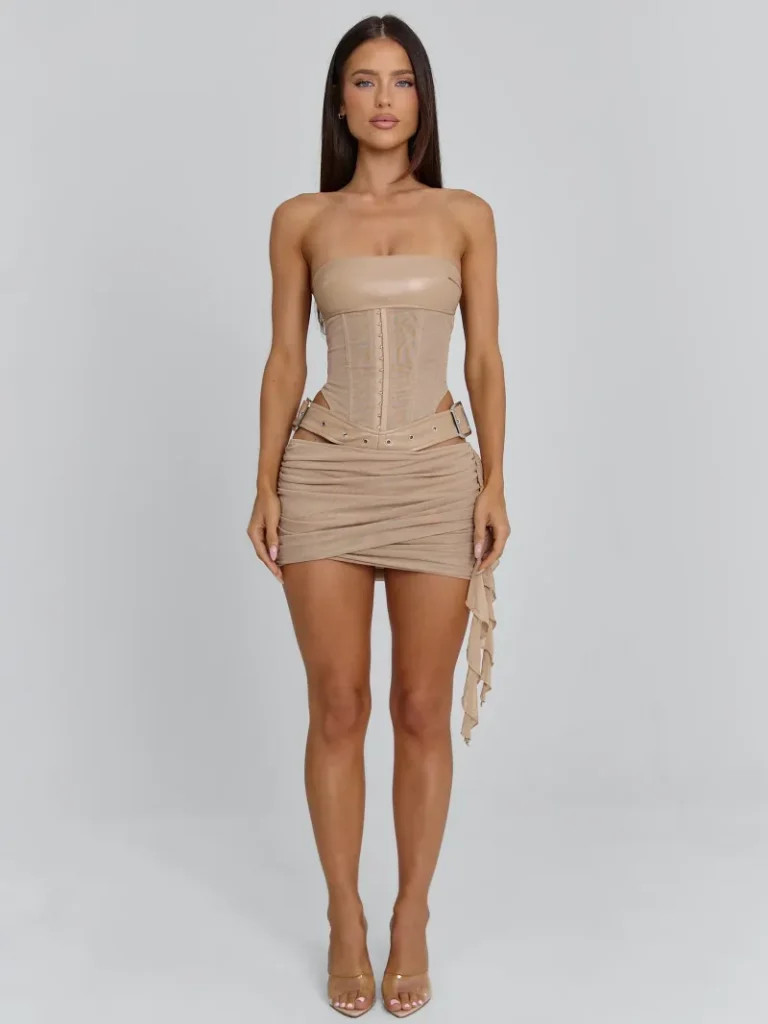 TAN STRAPLESS FLOUNCE MINI DRESS