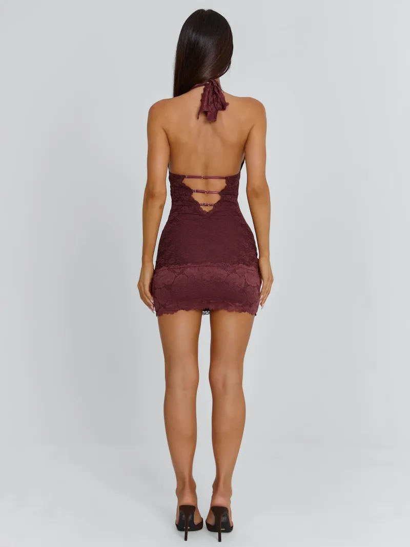 DARK MAUVE PLUNGE MESH MINI DRESS - Image 5