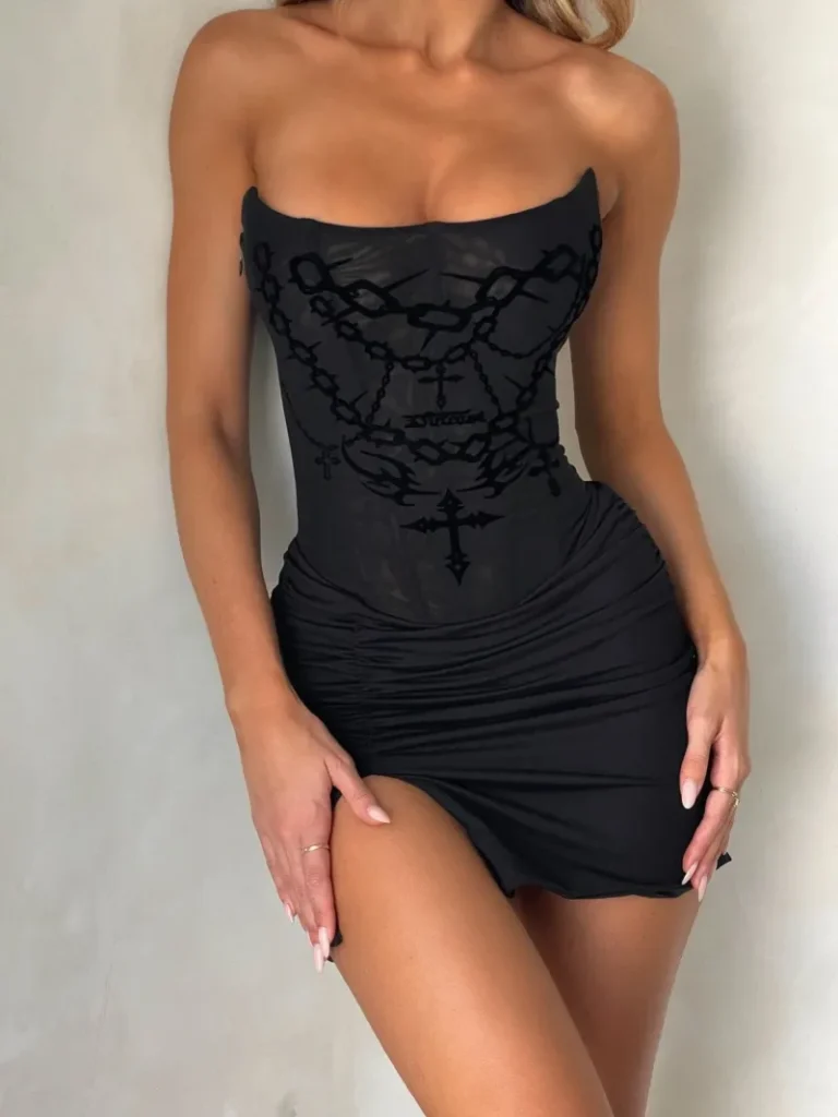 BLACK STRAPLESS RUCHED MINI DRESS