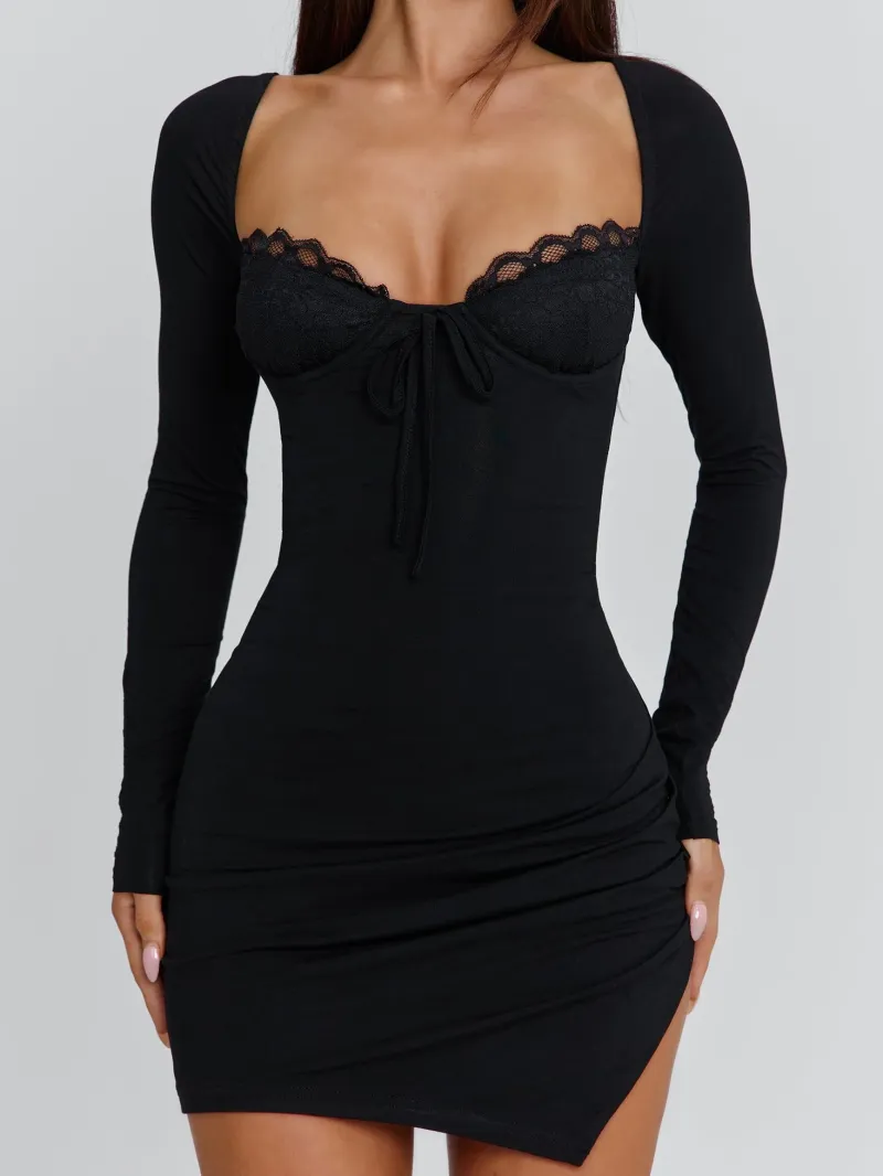 LONG SLEEVE BLACK LONG SLEEVE UNDERWIRE MINI DRESS - Image 5
