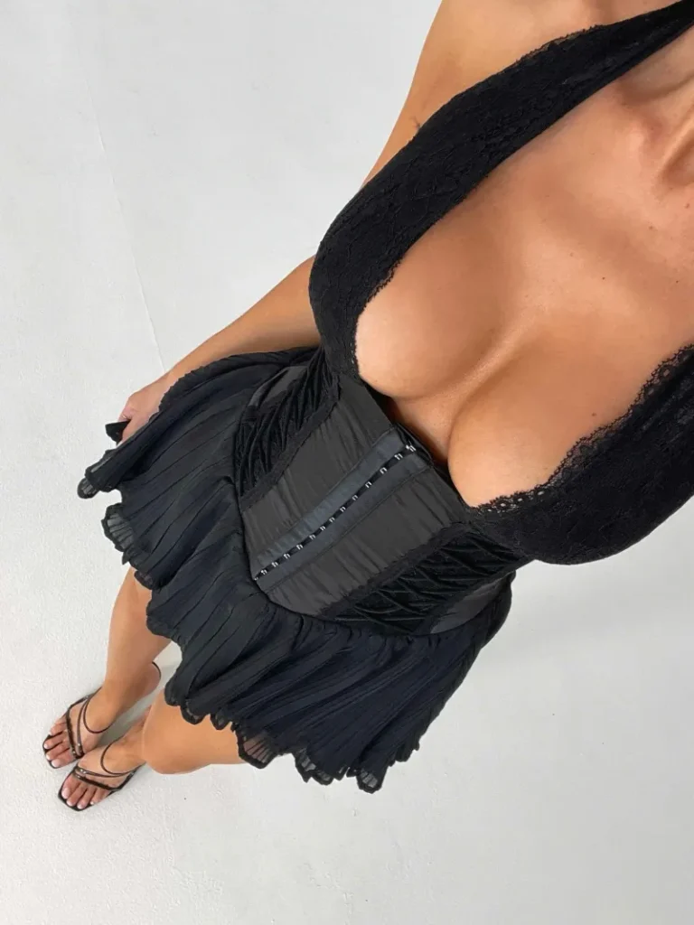 BLACK HALTER TIE DETAIL MINI DRESS
