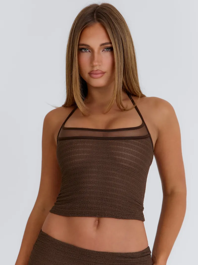 LONGLINE BROWN HALTER ASYMMETRIC CROP TOP - Image 4