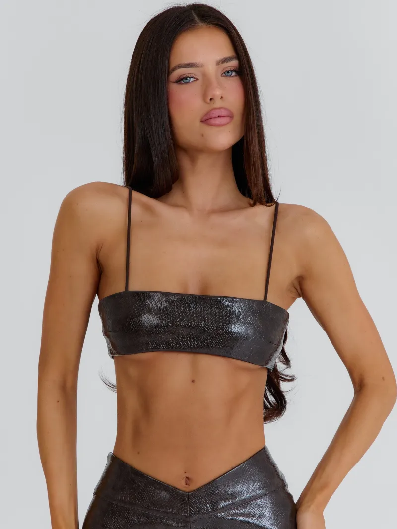 CHOCOLATE BROWN BANDEAU FAUX LEATHER CROP TOP - Image 2