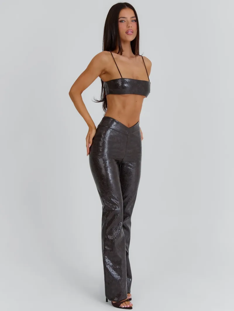 CHOCOLATE BROWN BANDEAU FAUX LEATHER CROP TOP - Image 5
