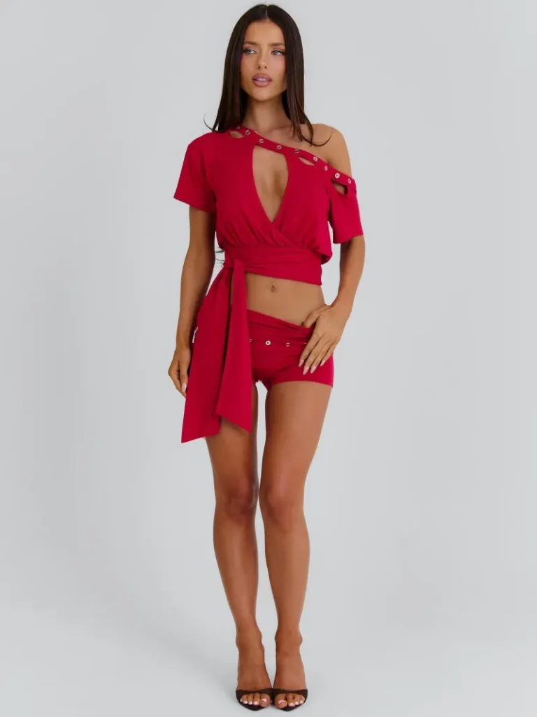 RED CUTOUT ASYMMETRIC CROP TOP