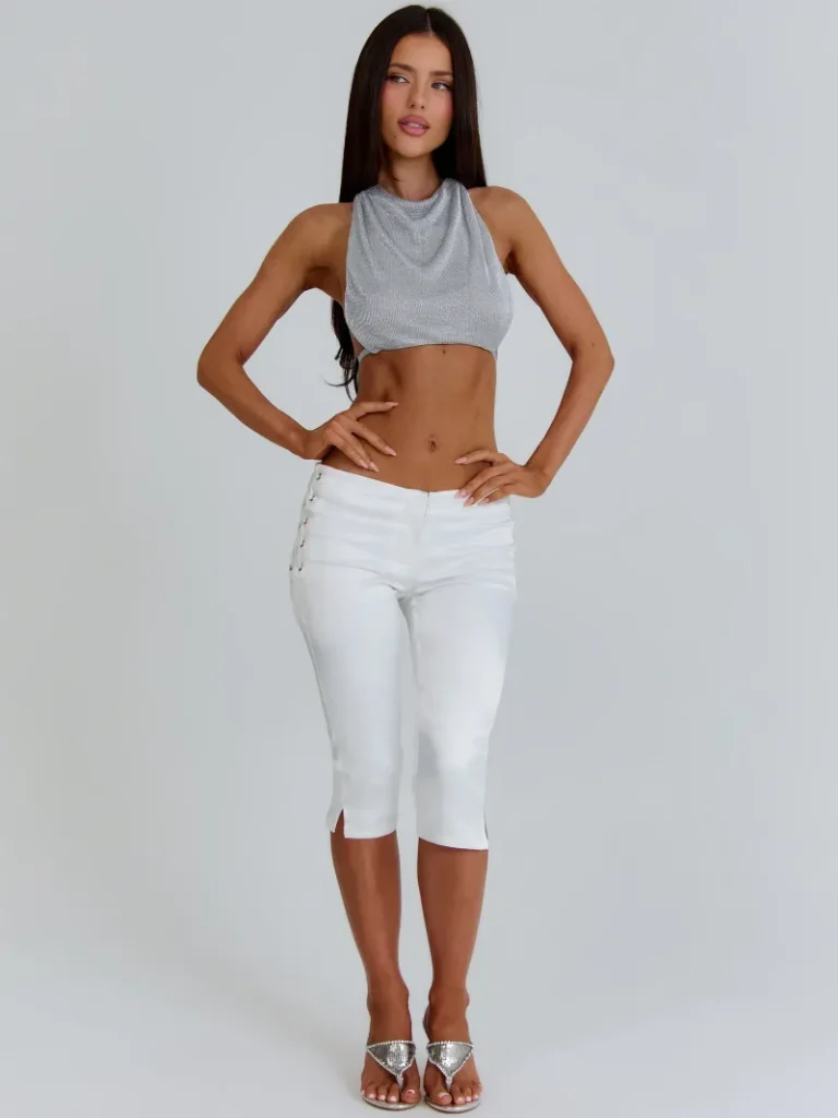 SILVER OPEN BACK HALTER CROP TOP