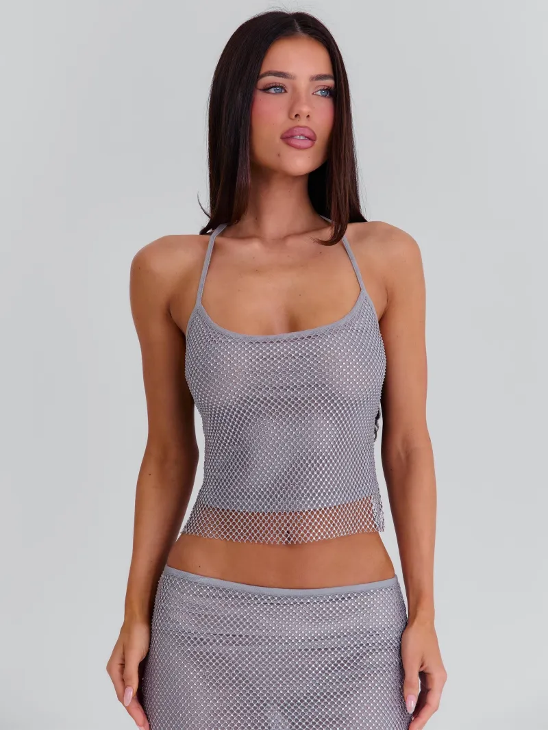 SILVER DIAMANTE TIE DETAIL CROP TOP - Image 2