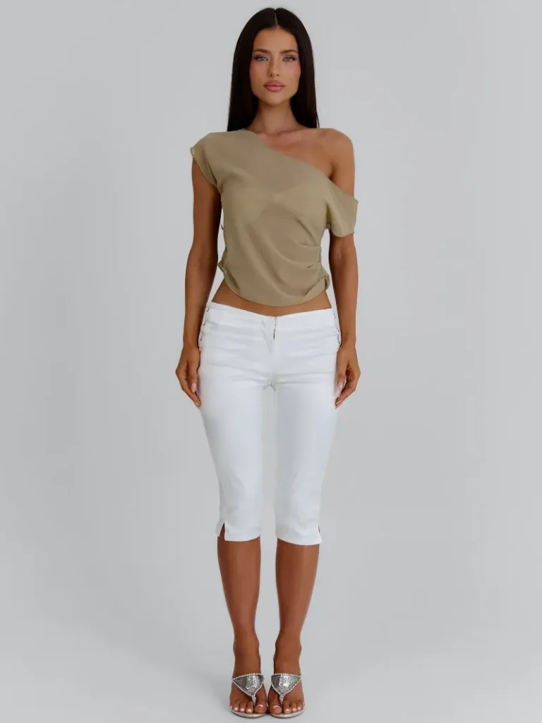 LONGLINE TAN ASYMMETRIC DRAPED CROP TOP