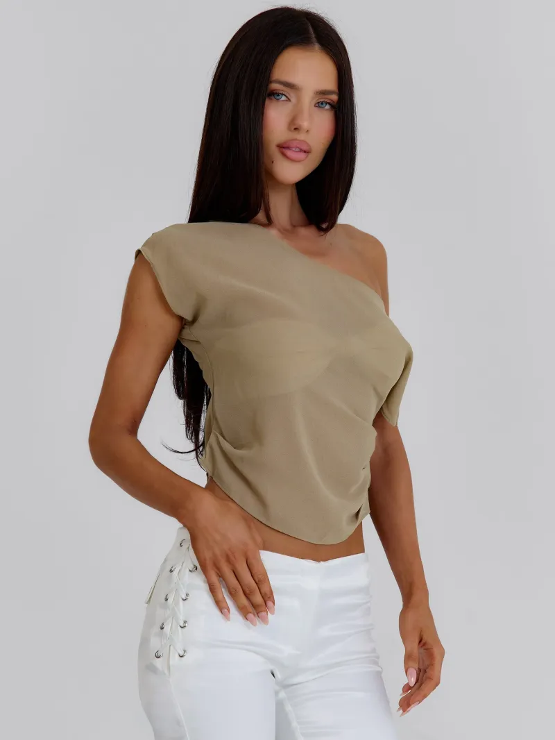 LONGLINE TAN ASYMMETRIC DRAPED CROP TOP - Image 3