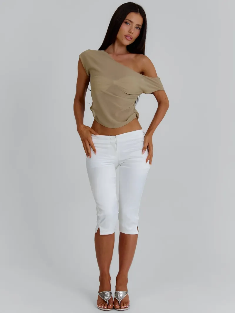 LONGLINE TAN ASYMMETRIC DRAPED CROP TOP - Image 5