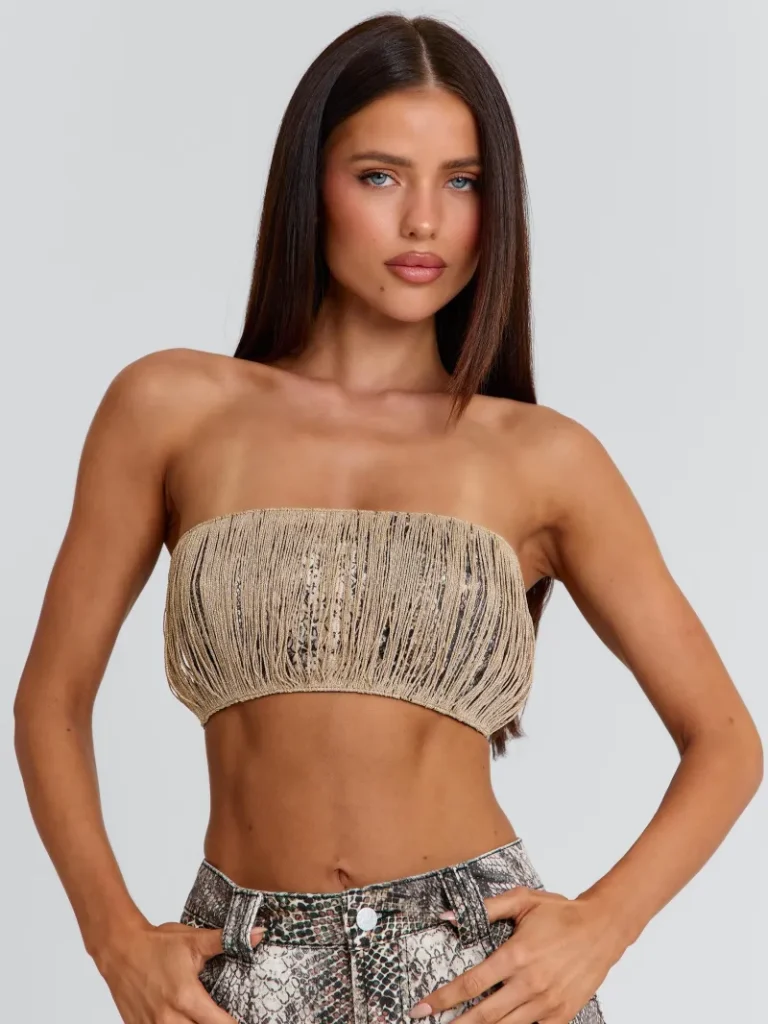 SNAKE PRINT BANDEAU FRINGE CROP TOP