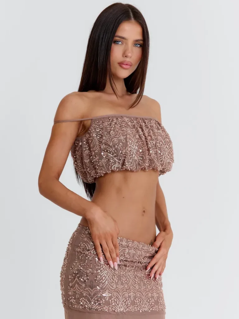 TAUPE BEADED SEQUIN CROP TOP
