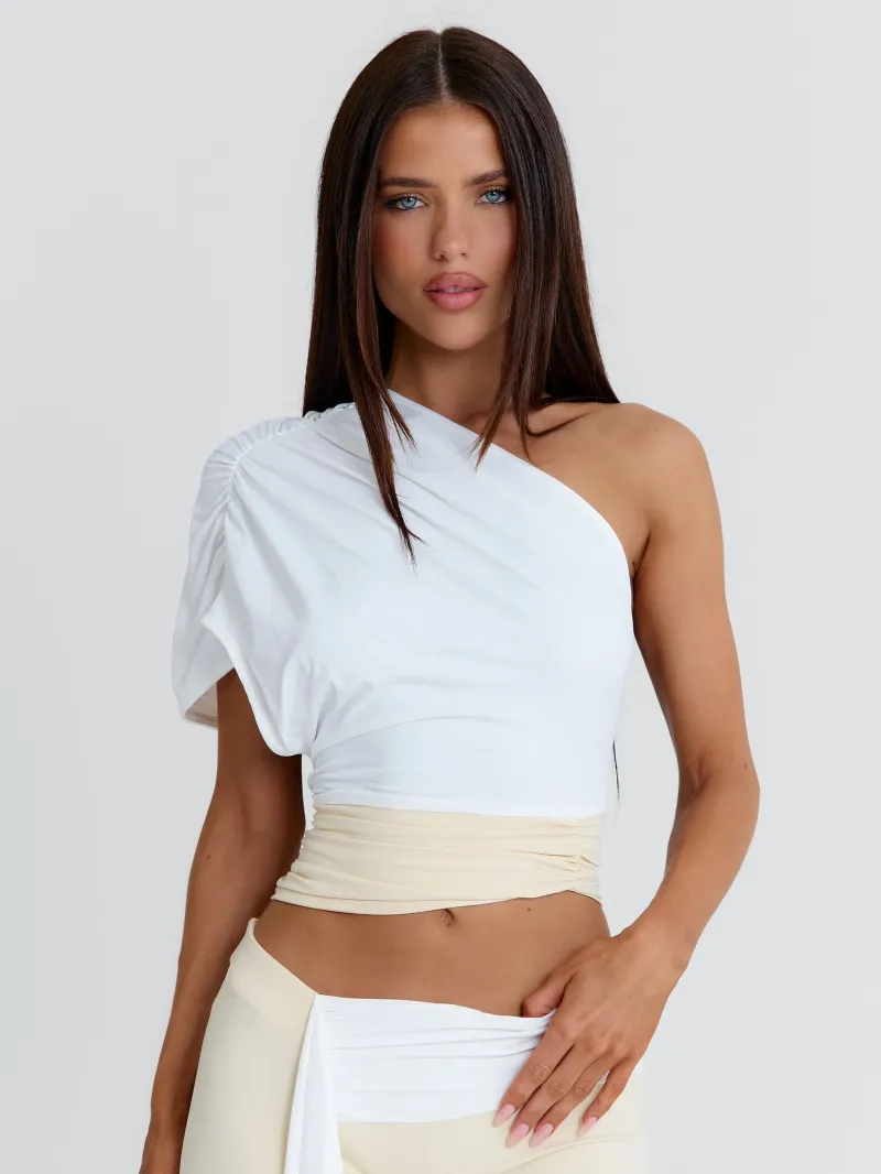 WHITE AND CREAM ASYMMETRIC RUCHED CROP TOP - Image 2