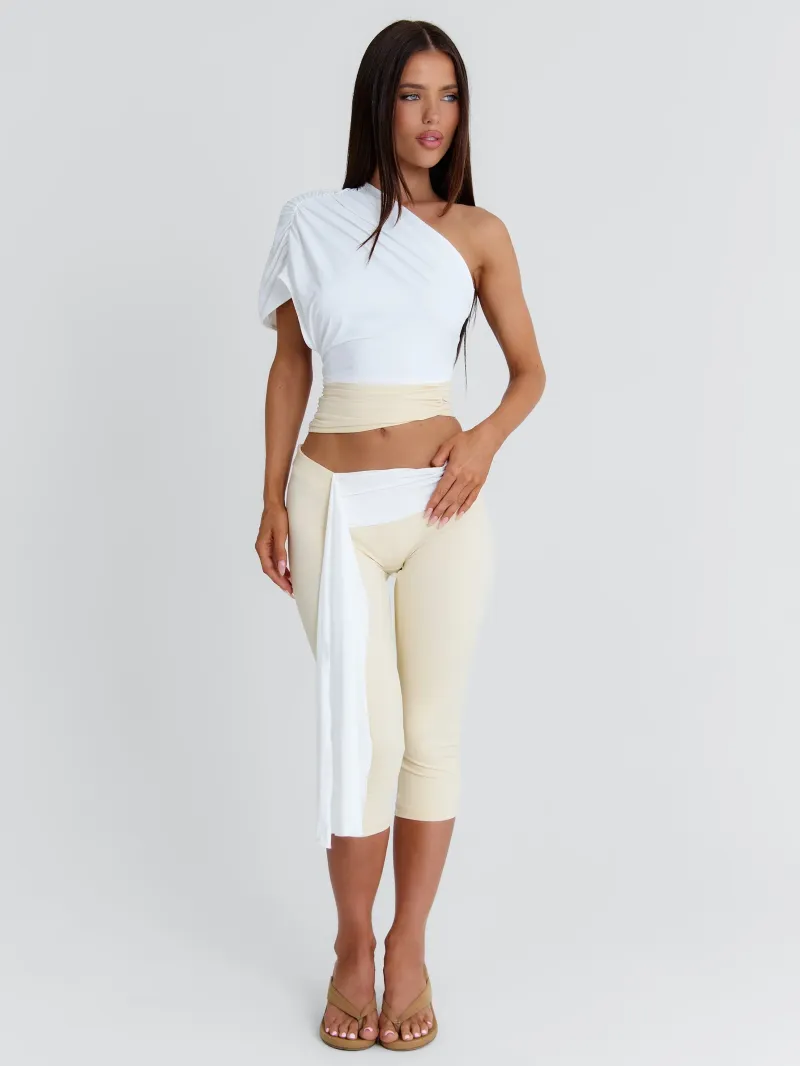WHITE AND CREAM ASYMMETRIC RUCHED CROP TOP - Image 4